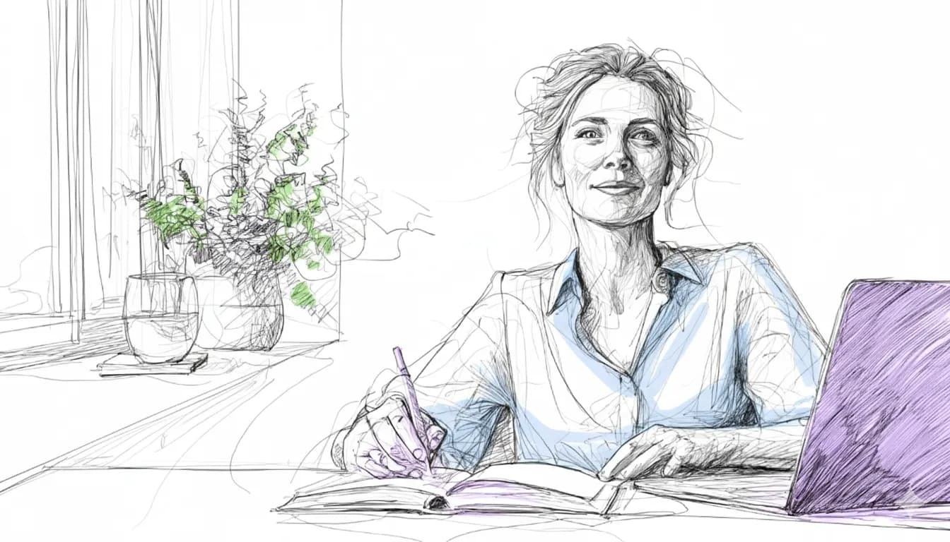 Sketch of a woman writing in a notebook at a desk with a purple laptop. A vase of green plants is on the windowsill. Calm expression.