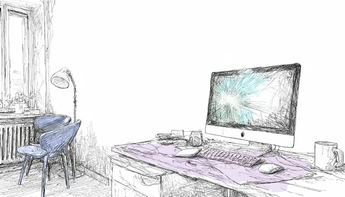 A workspace with a large monitor on a desk, blue chairs, a window with plants, and a standing lamp