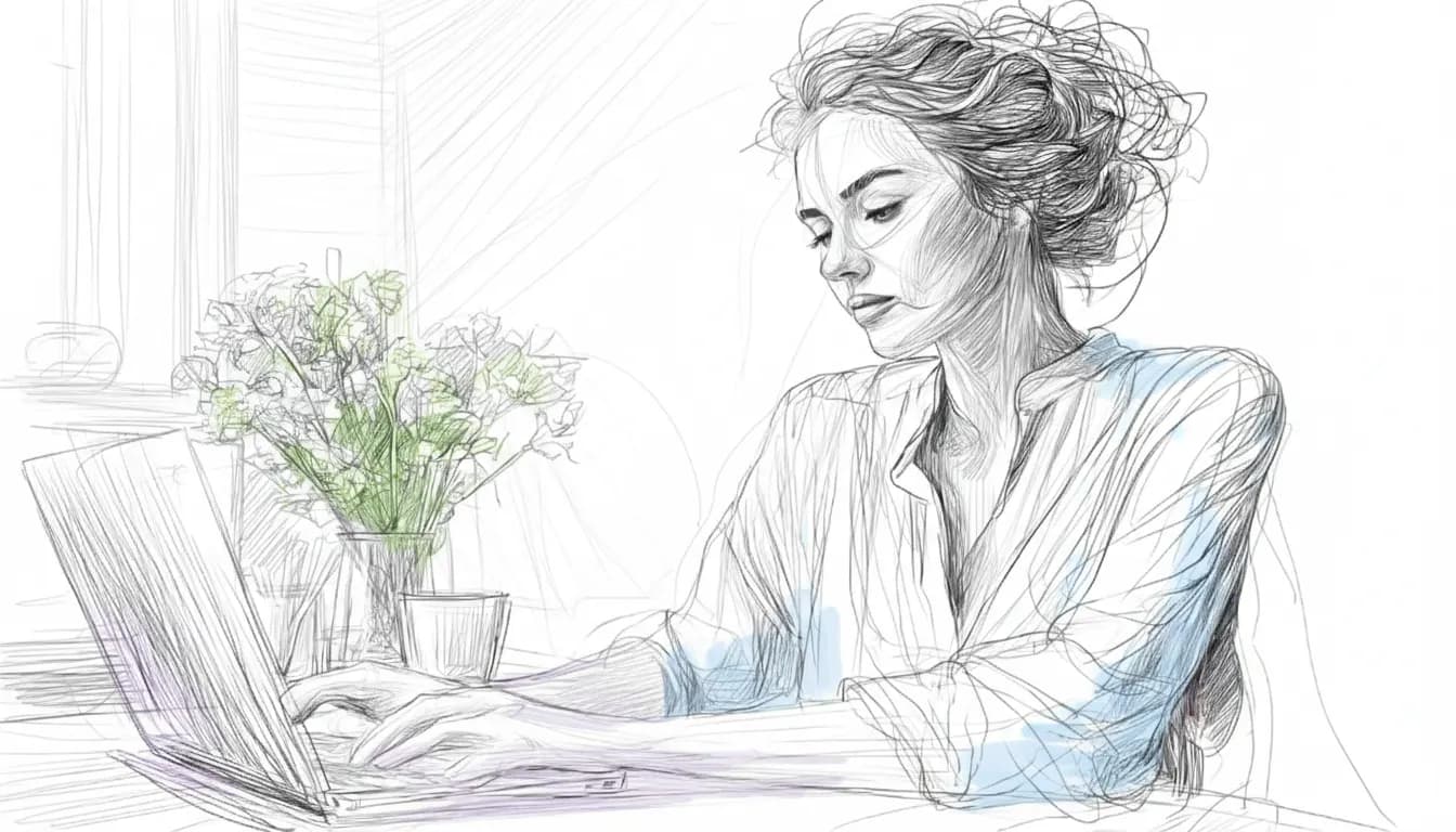 A woman typing on a laptop, with a vase of flowers nearby