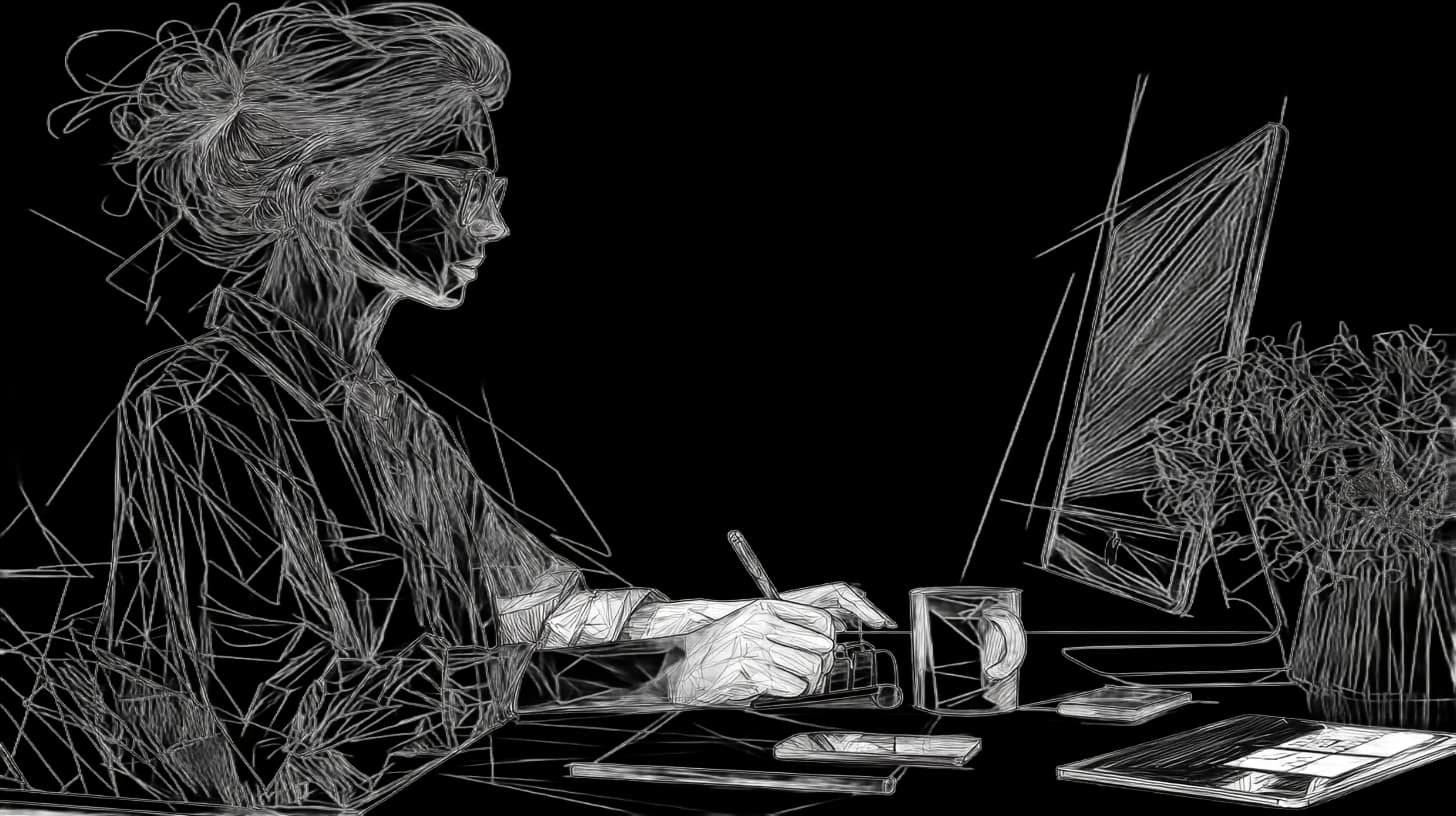 A female professional working with multiple screens in a modern, tidy workspace, sitting with good posture.