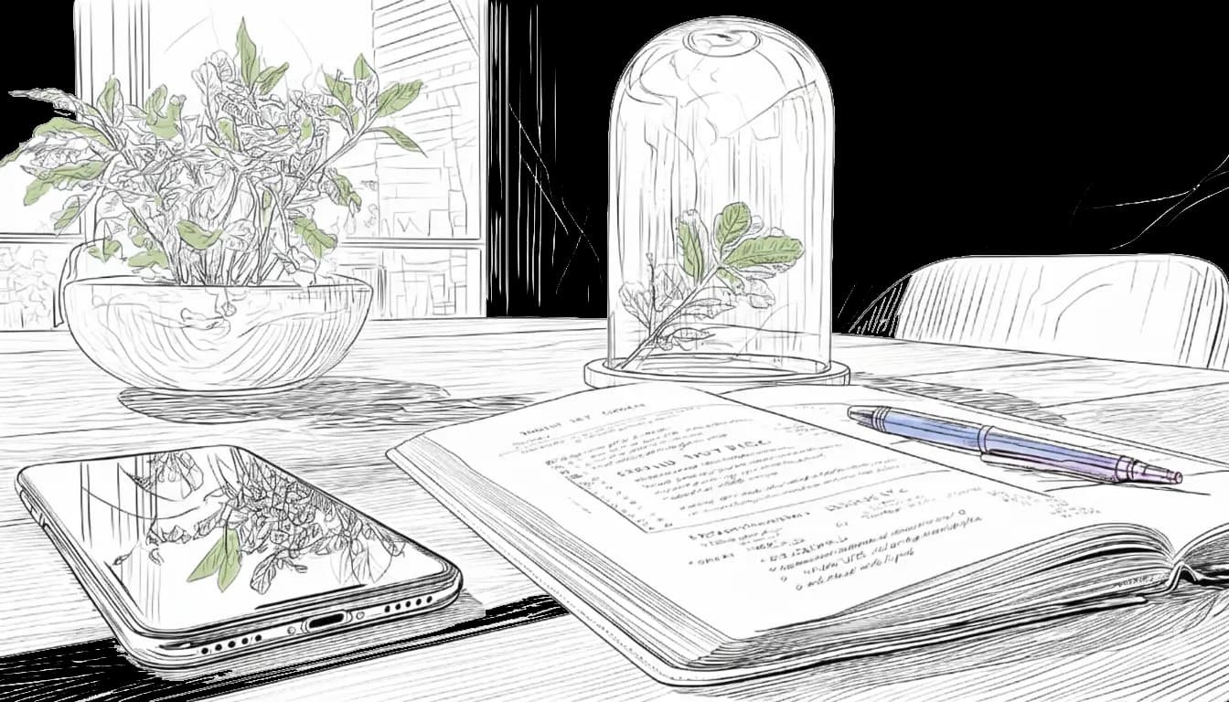 Smartphone, open book, and pen on a wooden table. A potted plant and cloche-covered leaf in the background, sunlight streaming in. Calm mood.