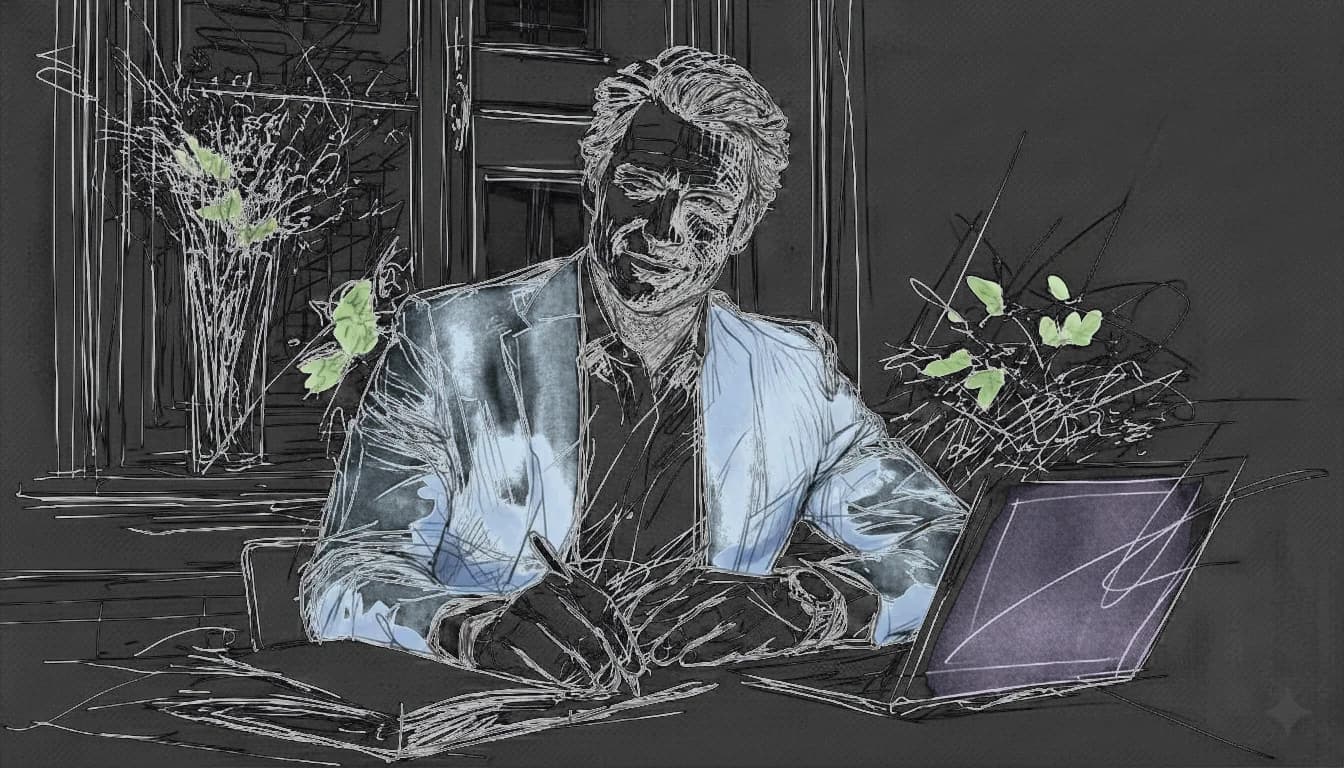 Smiling man in blue suit writing at desk with open book and purple laptop. Flowers and large windows in background. Pleasant, sketchy style.