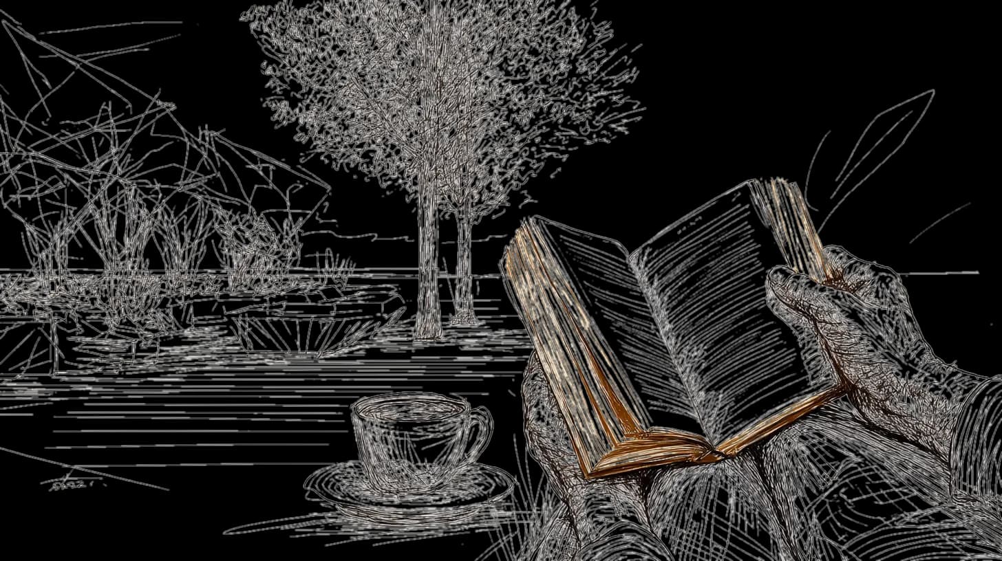 Hands hold an open book with a cup of coffee nearby. A tree and abstract lines form the background, creating a peaceful, sketch-like scene.