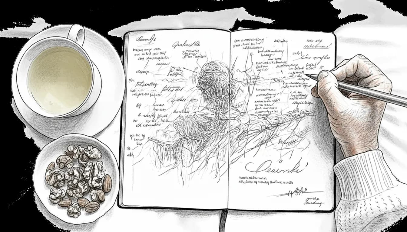 Hand writing in a sketchbook with doodles and notes. Cup of tea and a bowl of nuts nearby. Cozy, thoughtful setting.