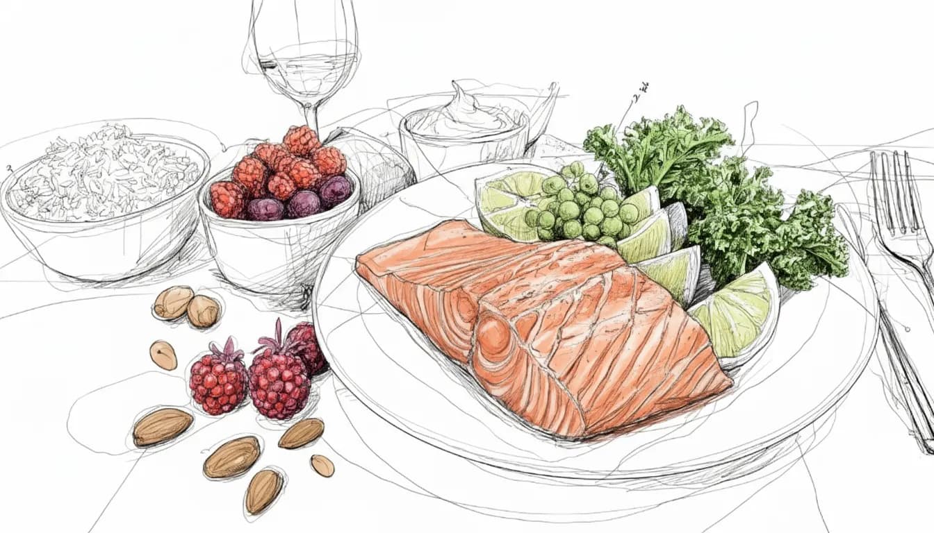 Plate with grilled salmon, lime, kale, almonds, and berries. Bowls of rice, berries, and a wine glass in the background. Sketch style.