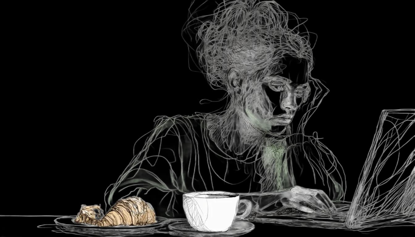 A sketched woman intently types on a laptop with a coffee and croissant nearby, surrounded by abstract lines, giving a focused mood.