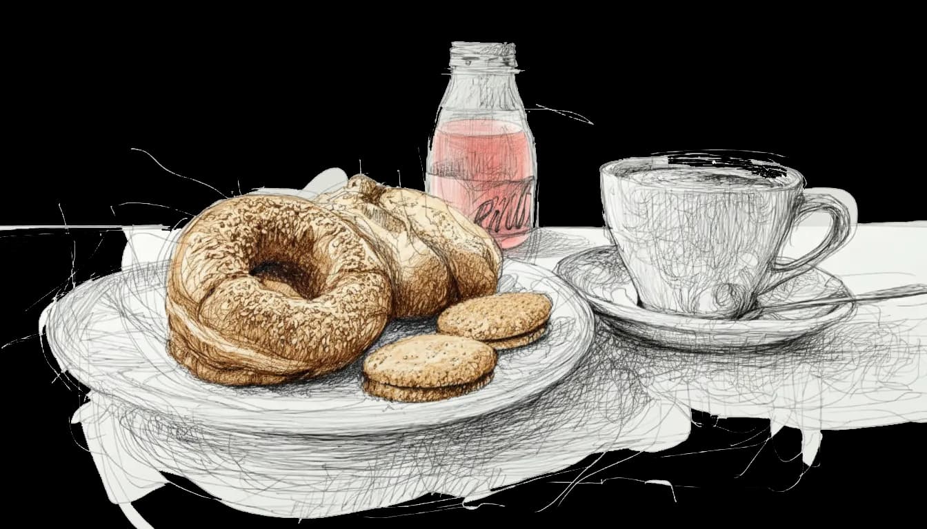 Plate with bagels, croissants, and cookies beside a cup of coffee and a pink juice bottle, creating a cozy breakfast scene.