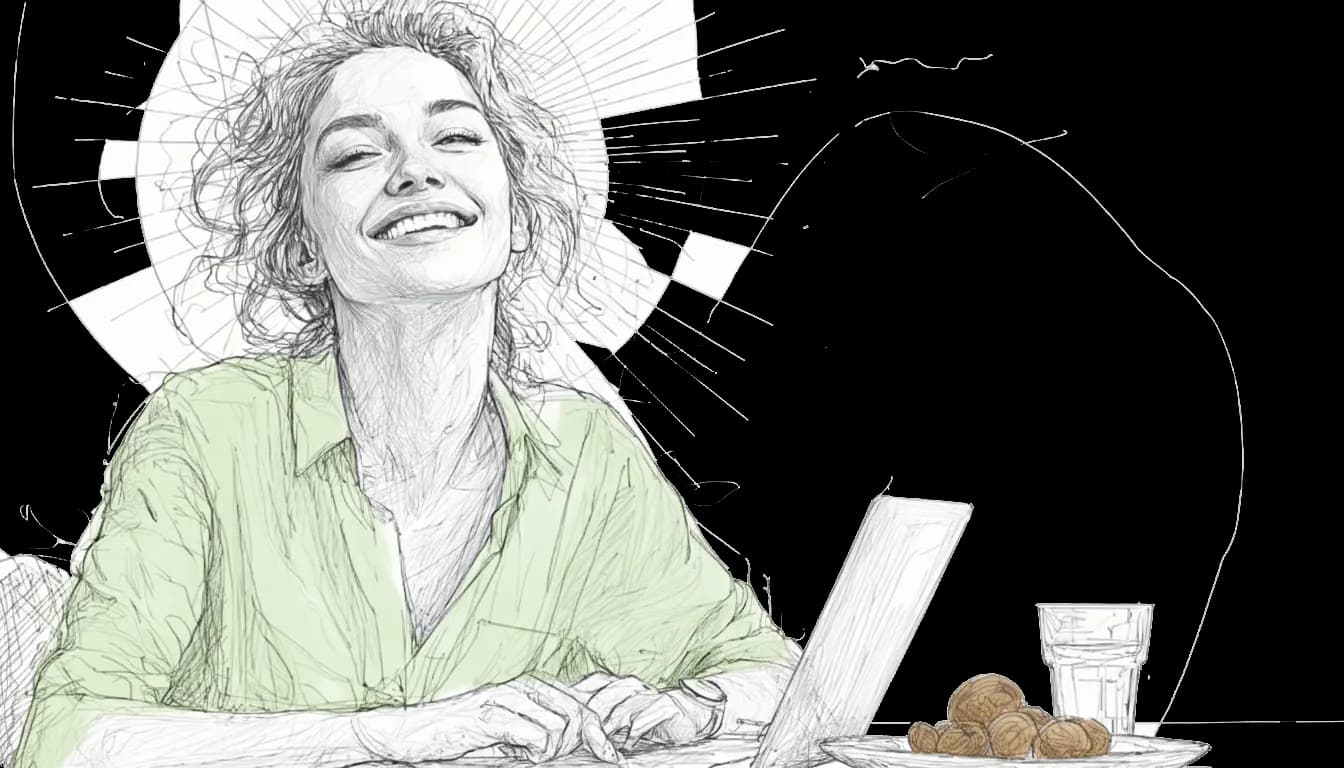 Smiling person in a green shirt sits at a desk with a laptop, walnuts, and a glass. Light lines radiate from behind, creating a bright mood.