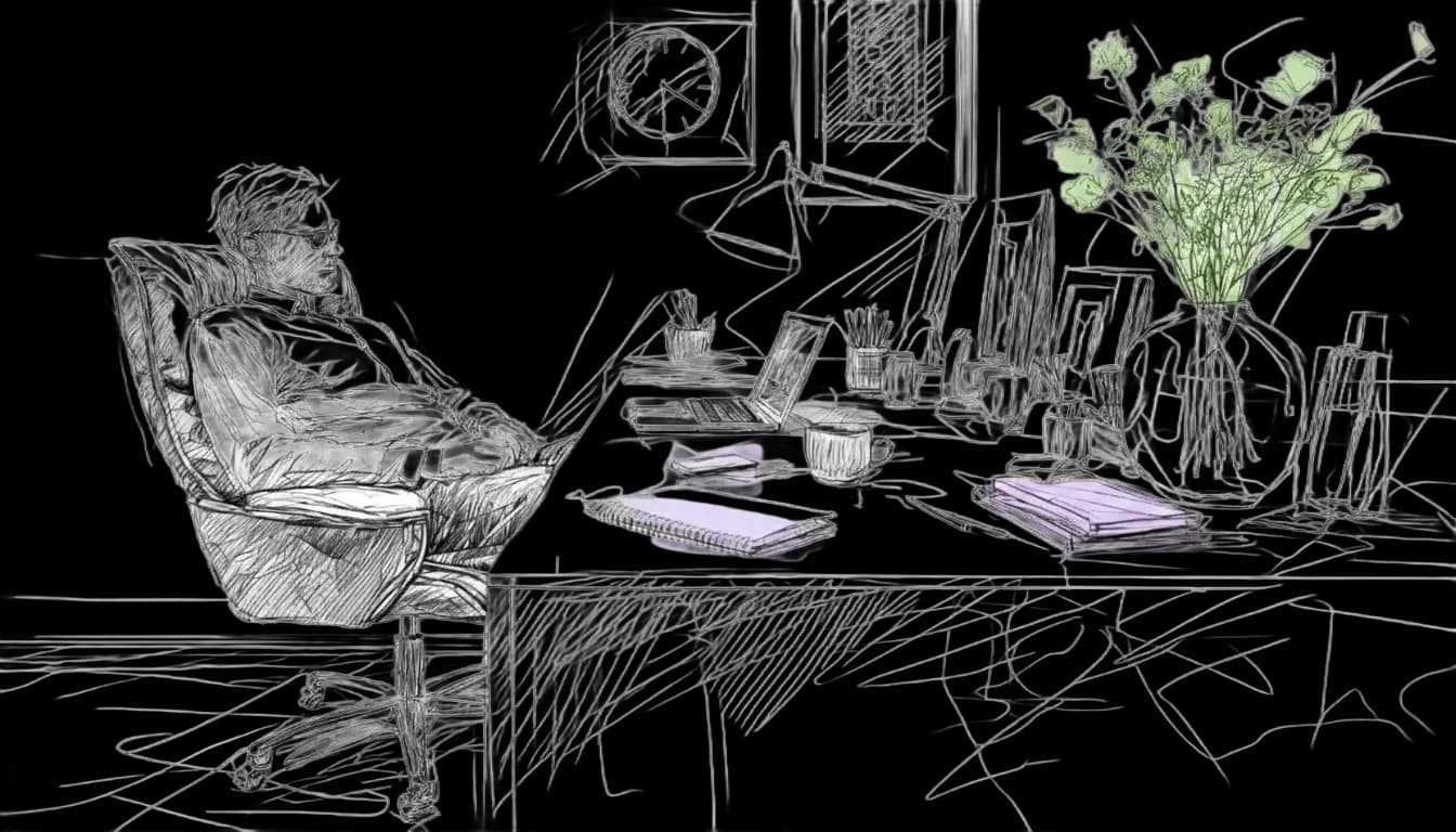 Man in glasses lounging in an office chair, surrounded by laptops, books, and a vase of green flowers on a cluttered desk. Black and white sketch.