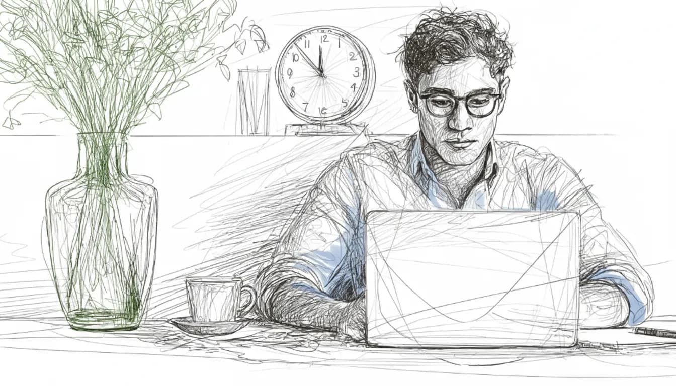 A man with glasses works intently on a laptop. A plant in a vase, a clock, and a coffee cup are in the background, creating a calm setting.