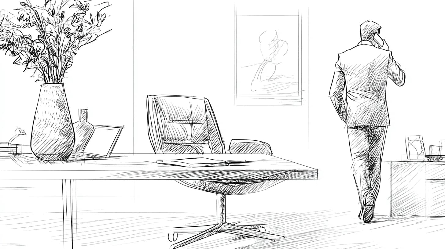 Sketch of an office: a man in a suit on the phone walking away, a desk with a chair, a vase with flowers, and abstract art on the wall.