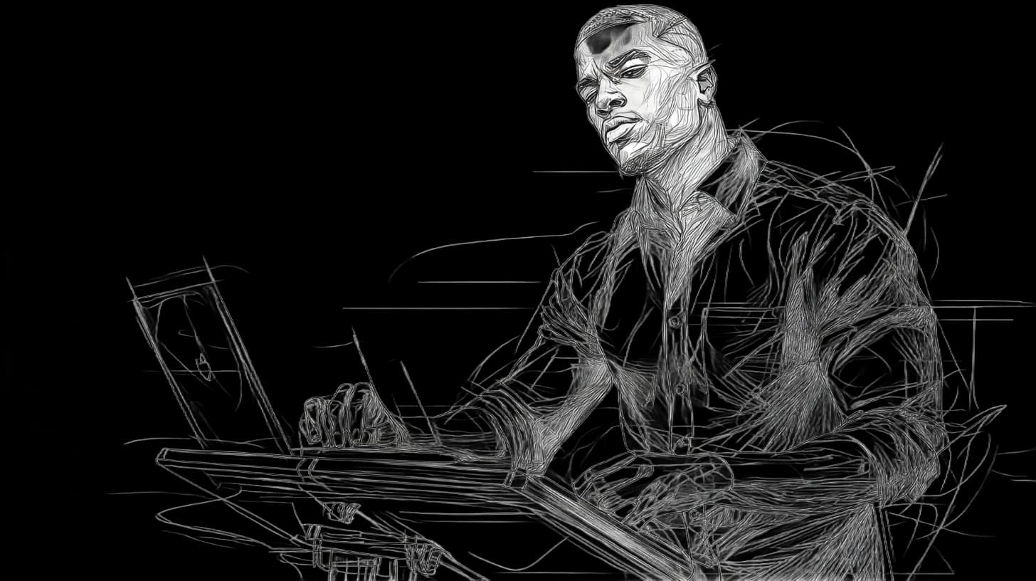 Sketch of a focused man using a laptop. Complex lines create a dynamic feel. Monochrome abstract background adds motion and energy.