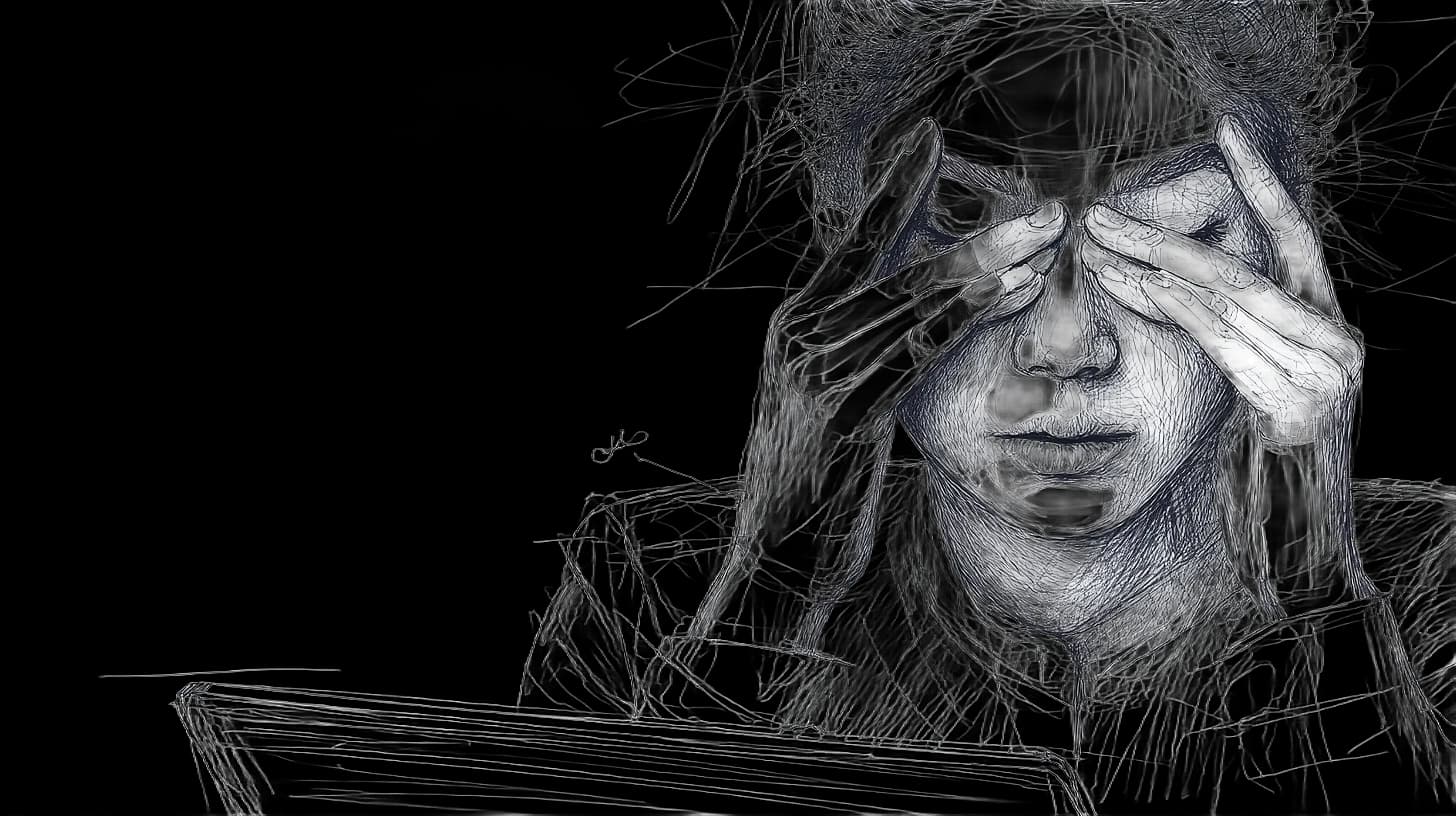 A woman covering her eyes with both hands, conveying stress.
