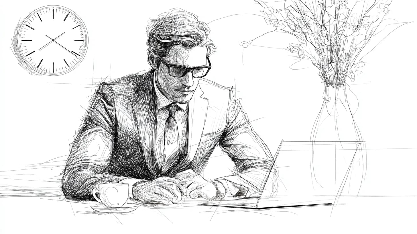 A man in a suit and glasses working on a laptop at a desk. A clock and vase with flowers are in the background.