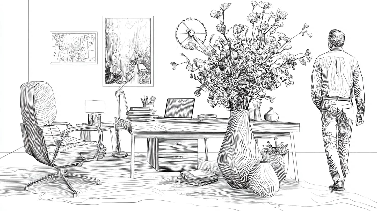 An office with a desk, laptop, chair, and large vase of flowers. A man walks away.