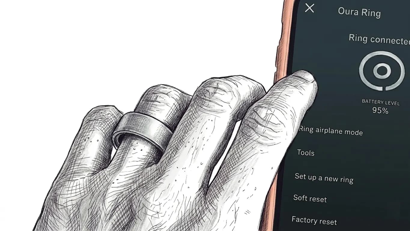 Hand wearing the Oura ring. There is a smartphone showing the Oura Ring app, battery 95%, with menu options on a dark screen.