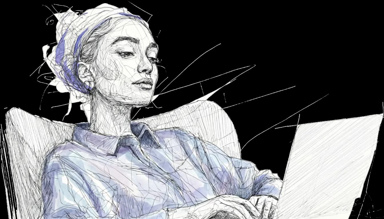 A person with a headscarf, focused on typing on a laptop. Wearing a blue plaid shirt, seated on a chair, with a pensive expression.