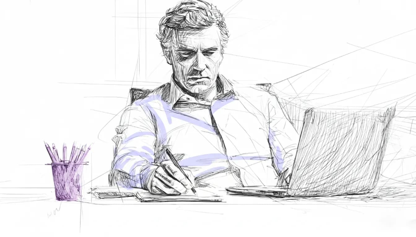 A man working at the desk. He is focused. A laptop and a purple pencil holder are on the desk.