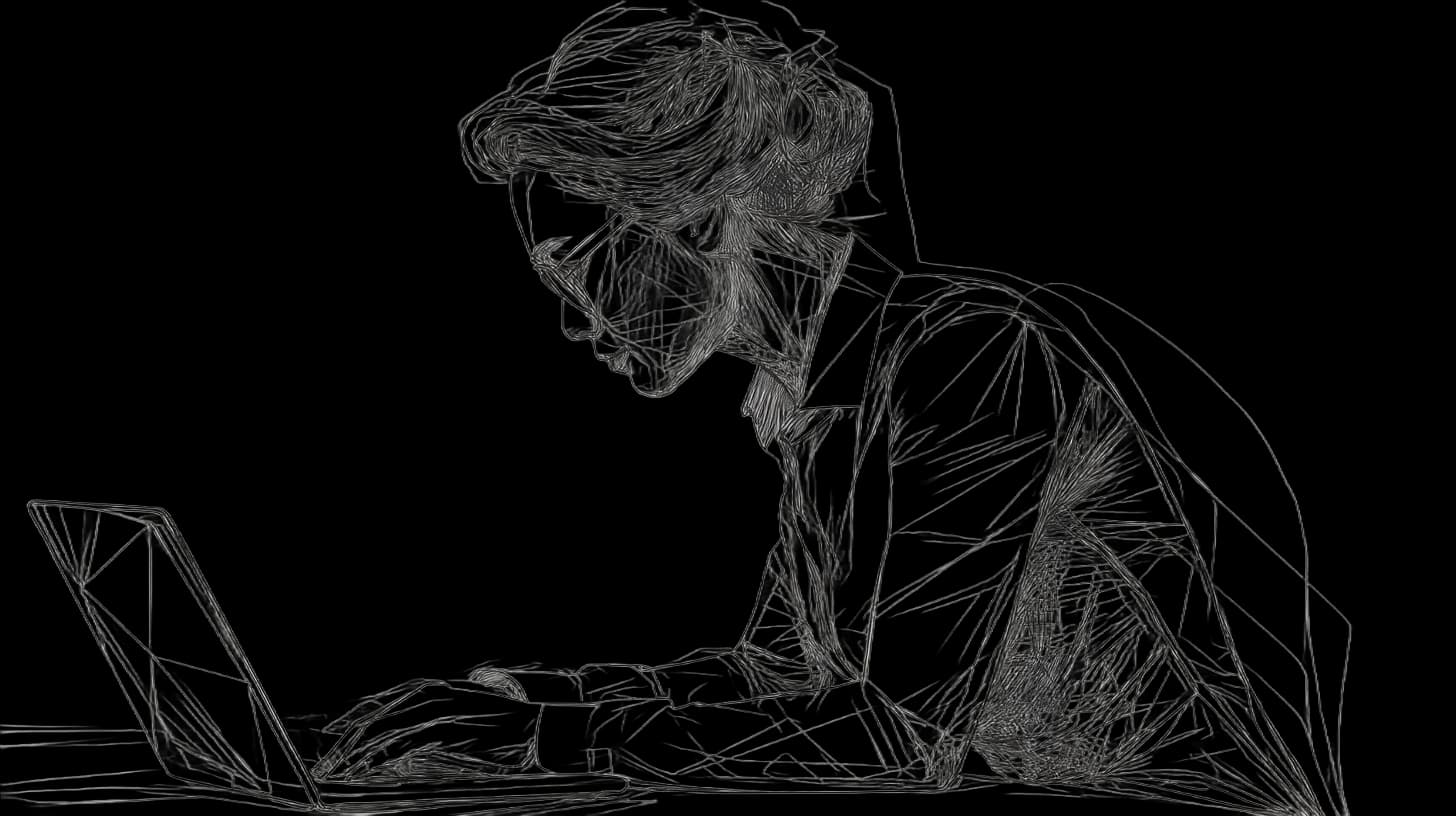 A person focused on a laptop. They are hunching on the desk.