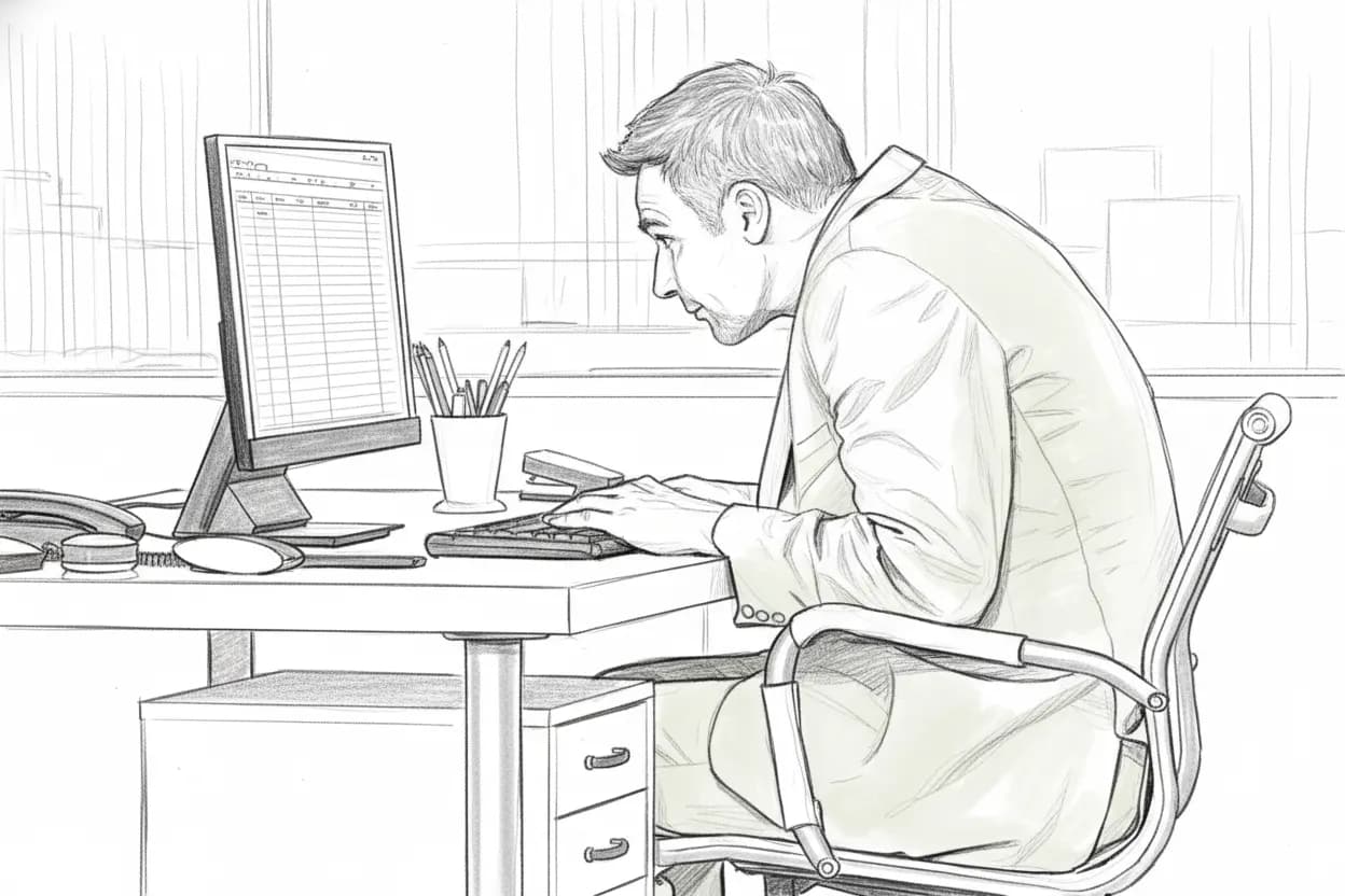 Man in suit hunched over a desk, focused on computer screen with spreadsheet. Office setting, pencils in cup, phone nearby. Serious mood.