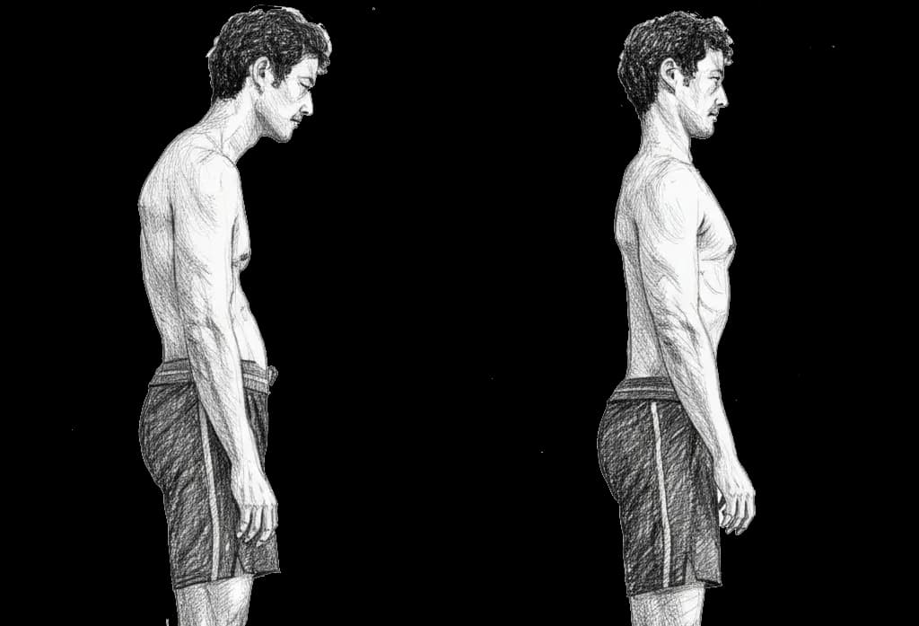 Illustration of a man in two postures: slouched and upright. Wearing shorts, the background is white, emphasizing posture correction.