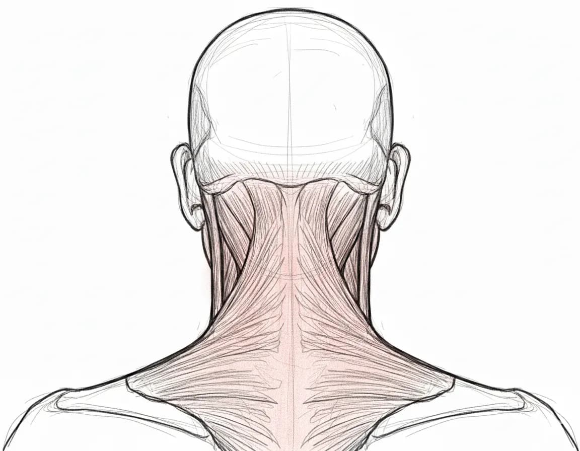 Illustrated human neck and shoulder muscles from a back view, detailed in shades of brown and black, against a white background.