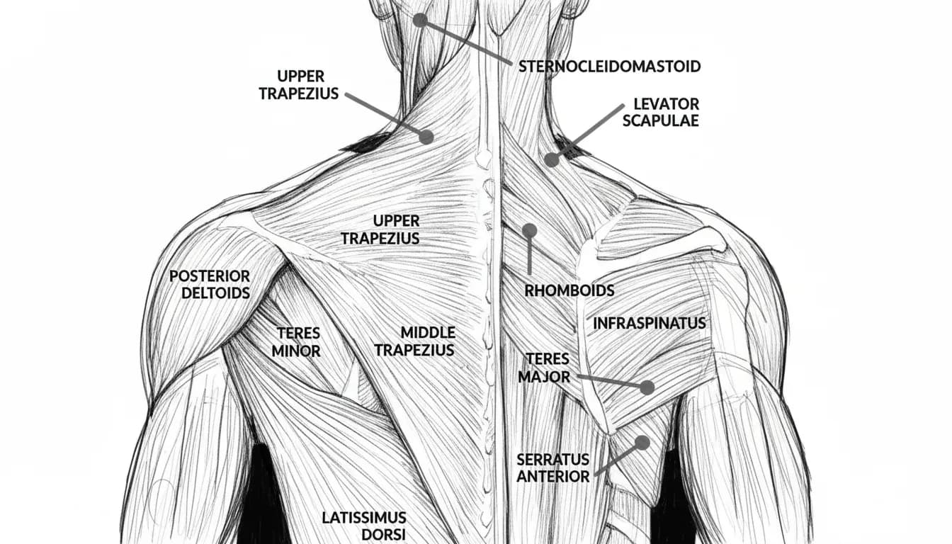 Anatomical illustration of the upper back muscles labeled, including trapezius, deltoids, and rhomboids. Black lines on white background.
