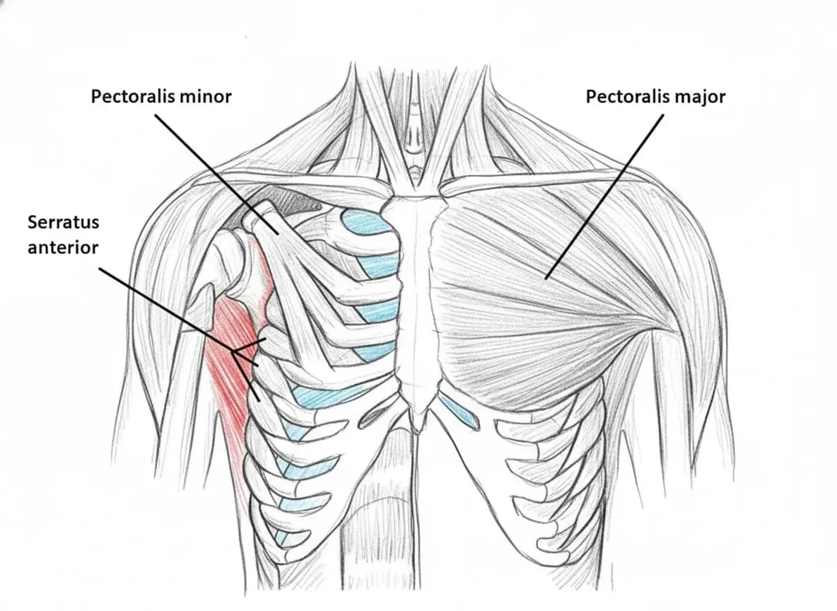 Anatomical drawing showing muscles: pectoralis major, pectoralis minor, and serratus anterior. Labels in black, muscles in shades of red and blue.
