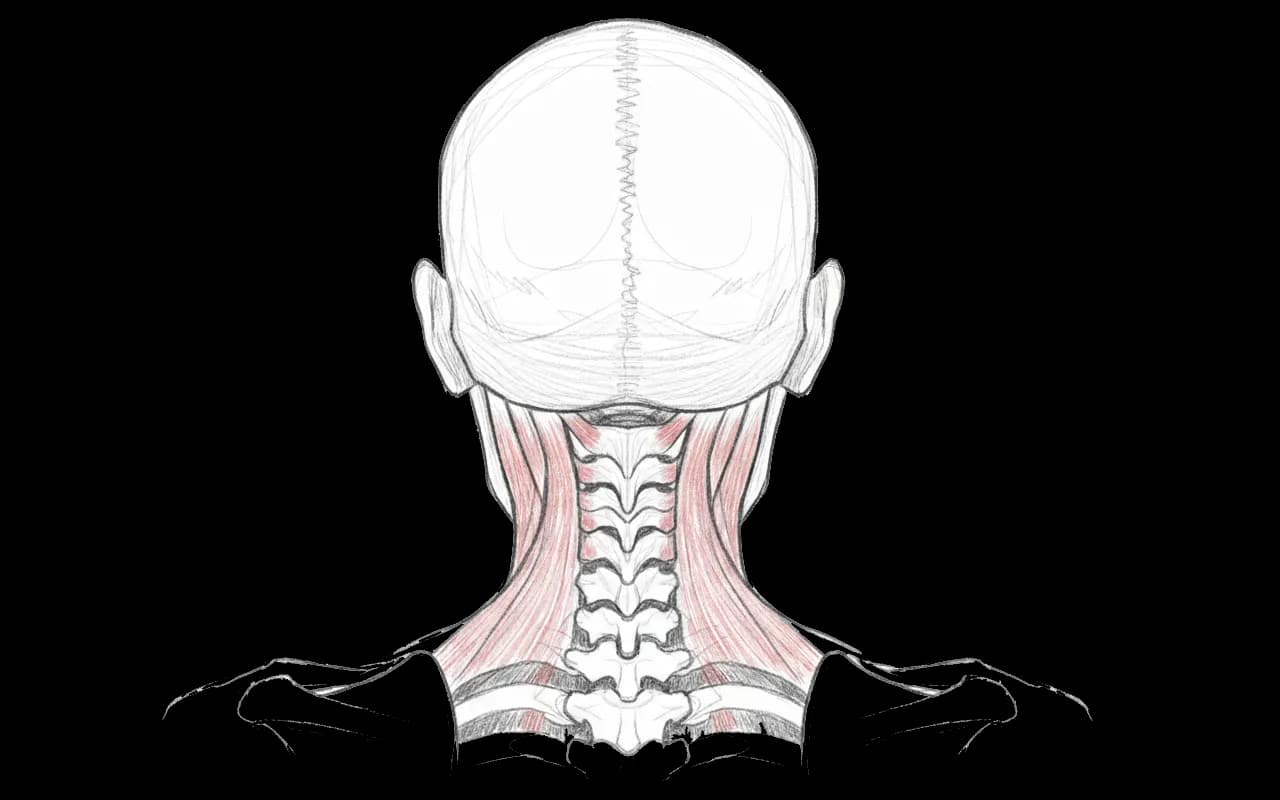 Illustration of human head and neck anatomy, showing muscles and spine from a rear view. Neat lines highlight muscle and bone structure.