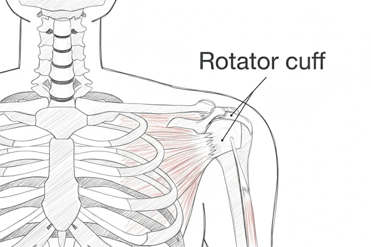 Annotated illustration of a rotator cuff in the human shoulder, showing muscles and bones. Text labels the "Rotator cuff" in the upper right.