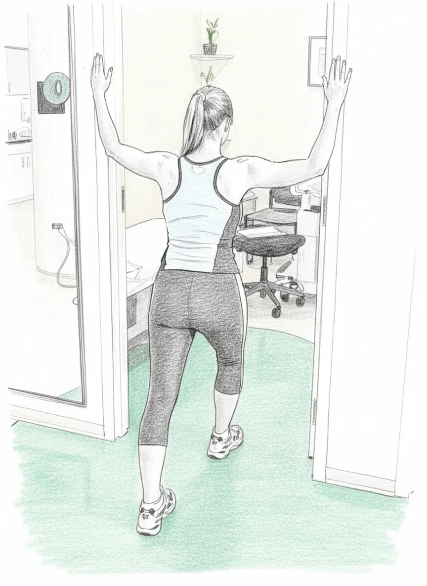 Woman stretching arms against a door frame in an office. She's wearing a tank top and leggings. A plant and chair are in the background.