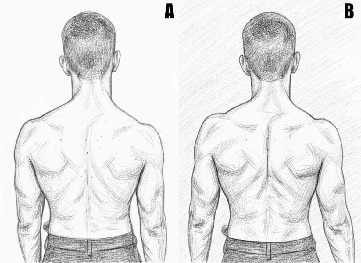 Two detailed pencil sketches of a man's back labeled A and B, showing muscle definition variations. Neutral expression, simple white background.