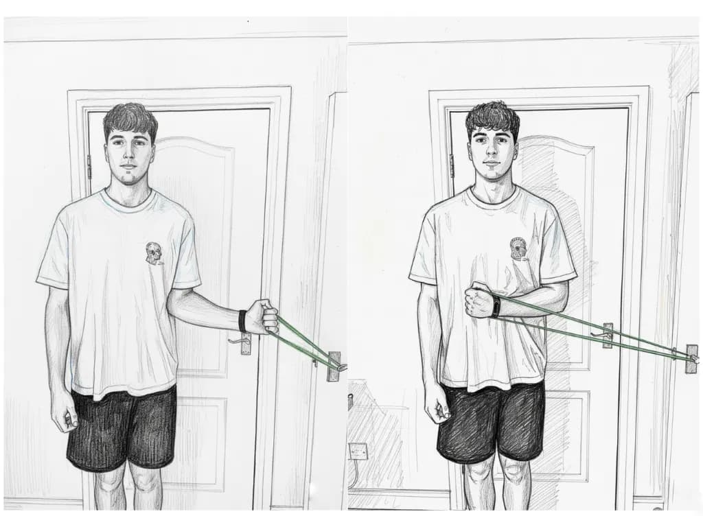 A person in a white t-shirt performs a shoulder exercise with a green resistance band attached to a door. The setting is indoors, mood focused.