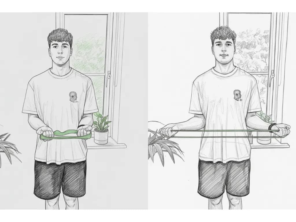 Man holding green resistance band indoors, wearing a white shirt and black shorts. Plants and window with greenery in background. Calm mood.
