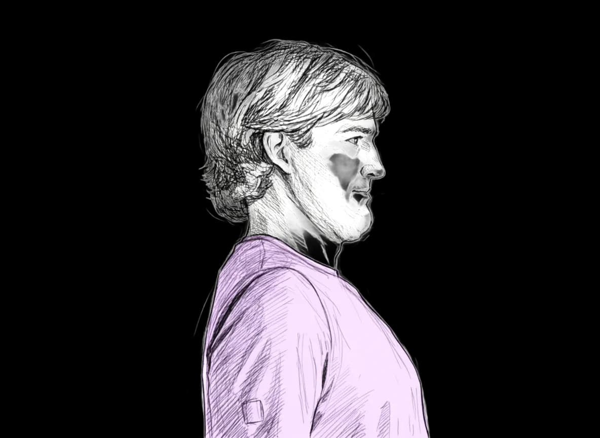 A person in purple shirt doing chin tuck exercise