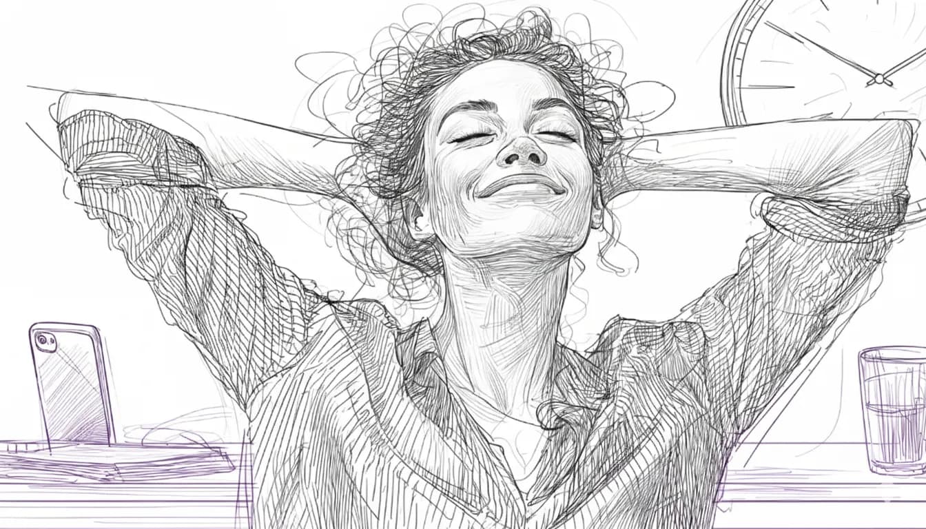 Woman stretching with closed eyes and content smile at desk, pencil sketch style. A phone, glass, and clock are in the background.