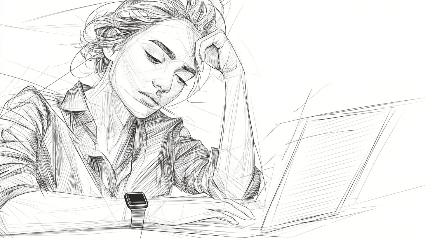 A tired woman at a desk, resting her head on her hand while working on a laptop. She is wearing a smartwatch.