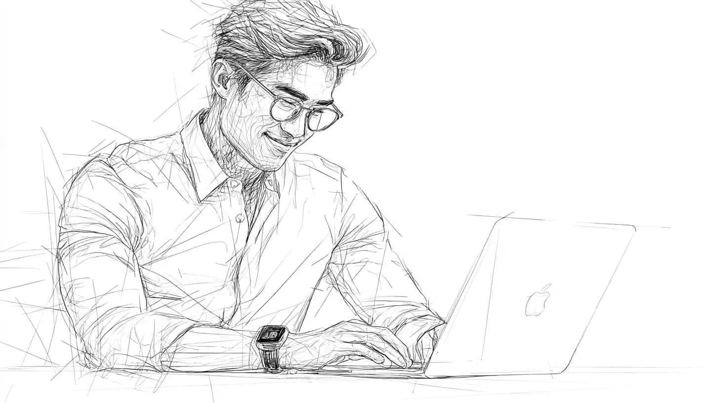 A smiling man with glasses typing on a laptop.