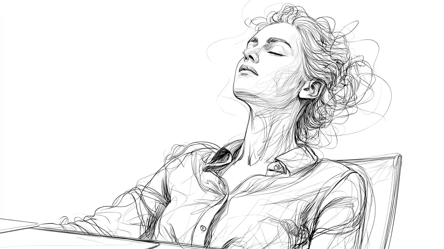 A woman with closed eyes, head tilted back, relaxing on a chair.