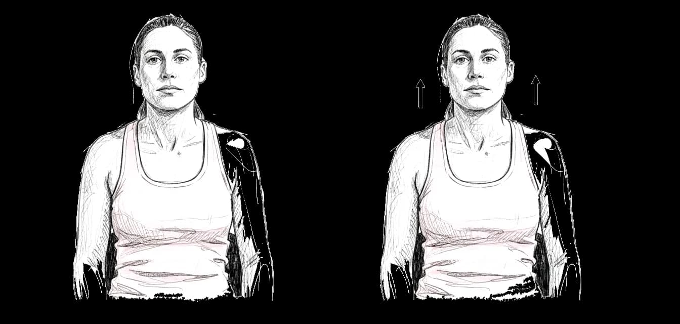 A woman in a tank top performing shoulder shrugs.