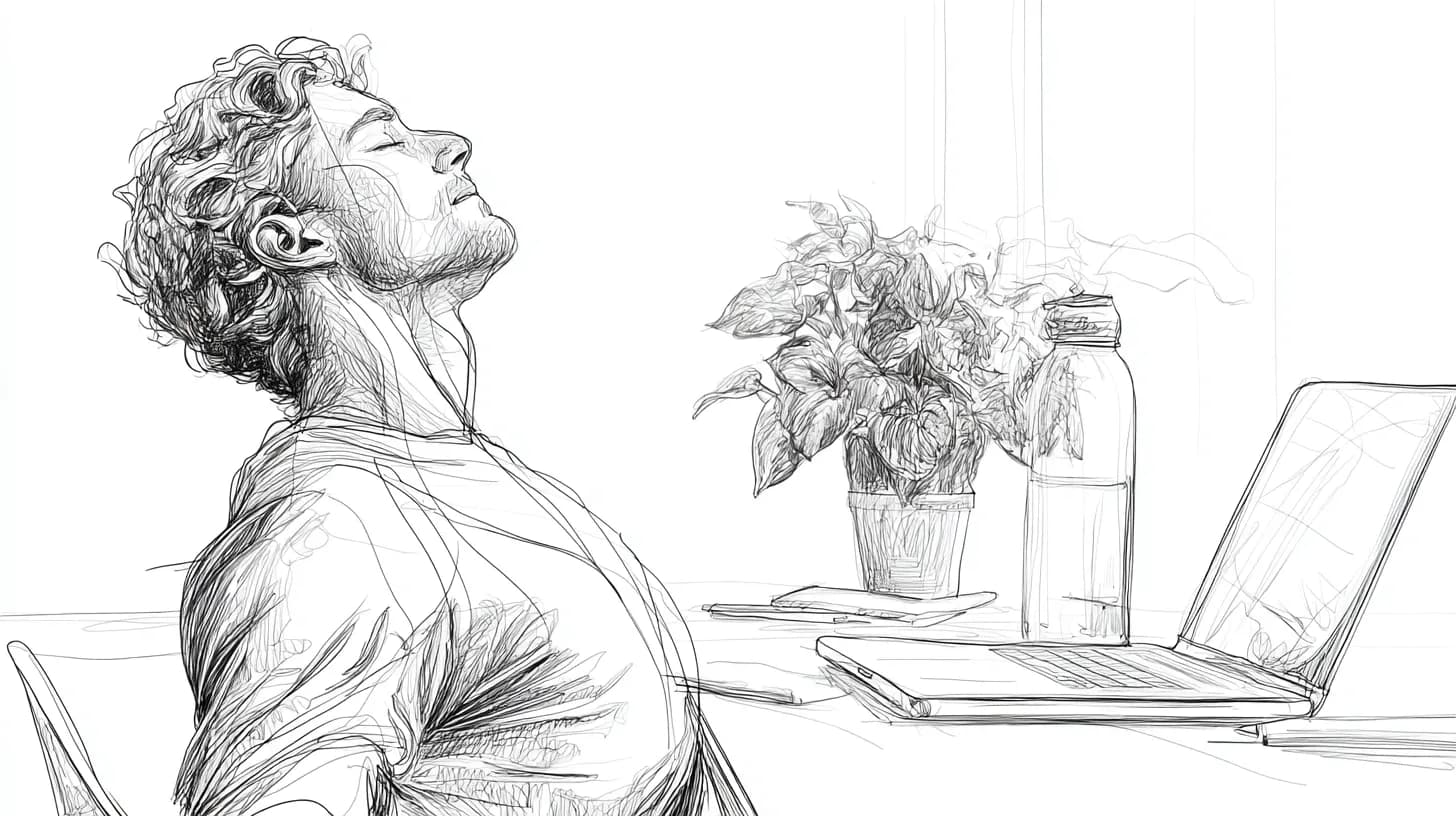 A person leaning back with closed eyes near a laptop. A plant and water bottle are on the desk, creating a calm atmosphere.