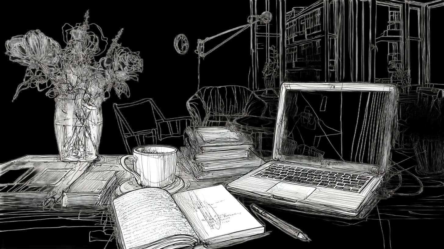 A workspace with an open laptop, stacked books, and a vase of flowers on a desk. Armchair and bookshelves in the background.
