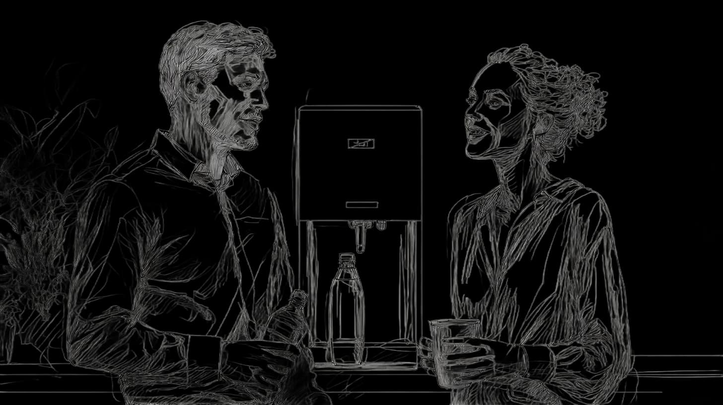 Two people chat cheerfully by a water cooler. One holds a cup, the other a bottle. Background: leafy plants and office setting.