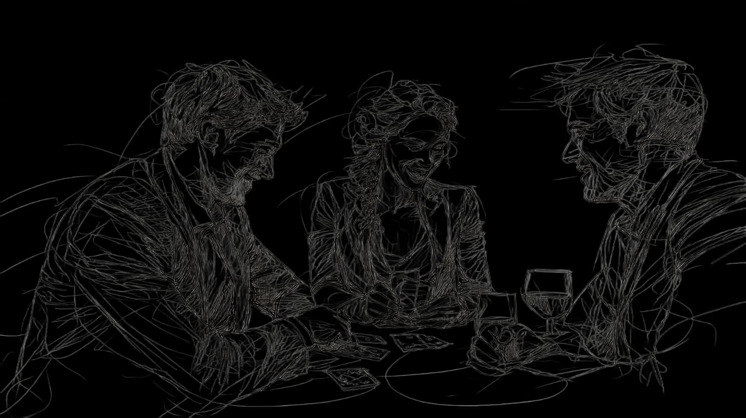 Three people playing cards at a table, smiling and engaged. Water glasses on the table.