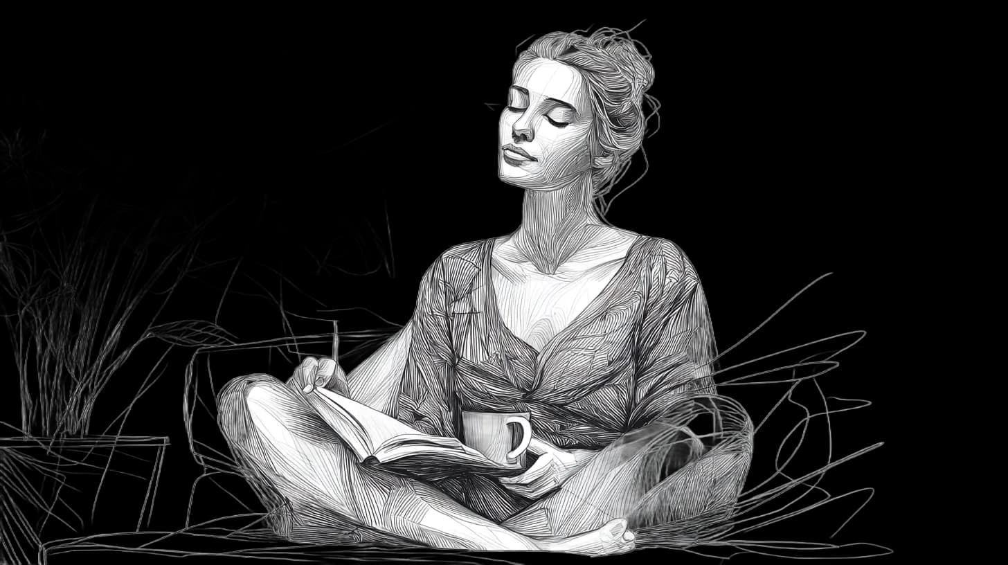 Woman sitting cross-legged, eyes closed, holding coffee and open book.