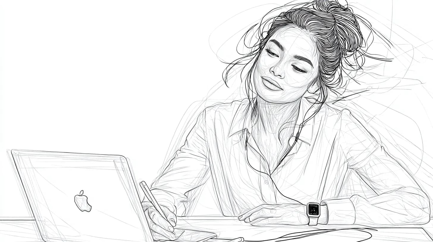 Line drawing of a woman wearing earphones and a smartwatch, writing beside an open Apple laptop on a clean white desk.