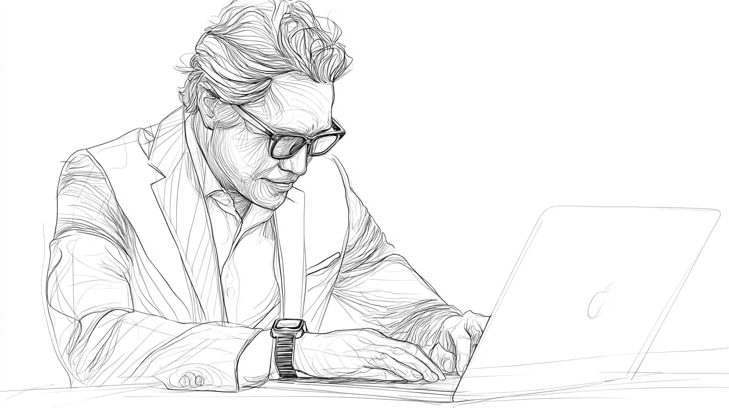 Sketch of a man in glasses typing on a laptop at a desk, focused and serious.