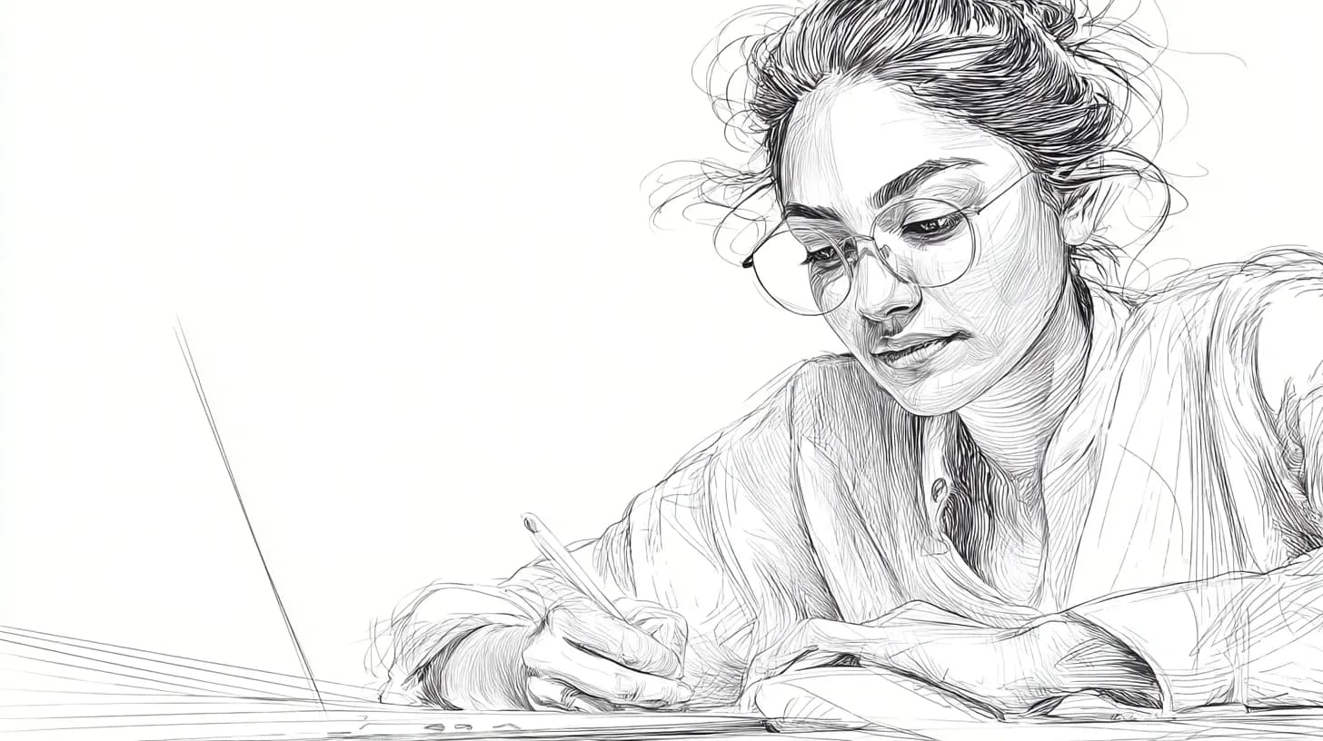 Line drawing illustration of a woman with glasses writing at a desk.