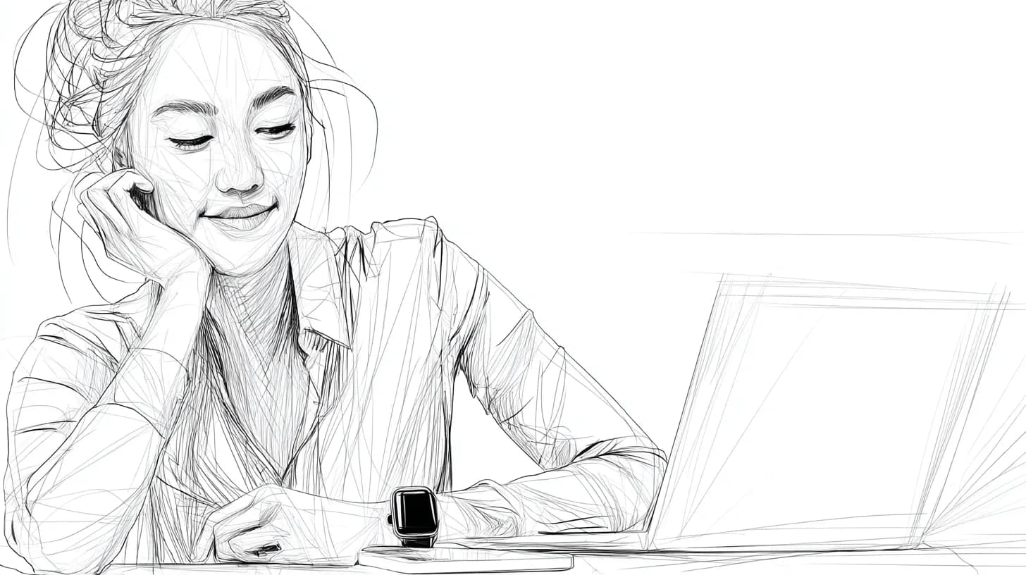 Line drawing illustration of a woman resting her head on her hand at a desk. Her laptop lays open and she is wearing a smartwatch.