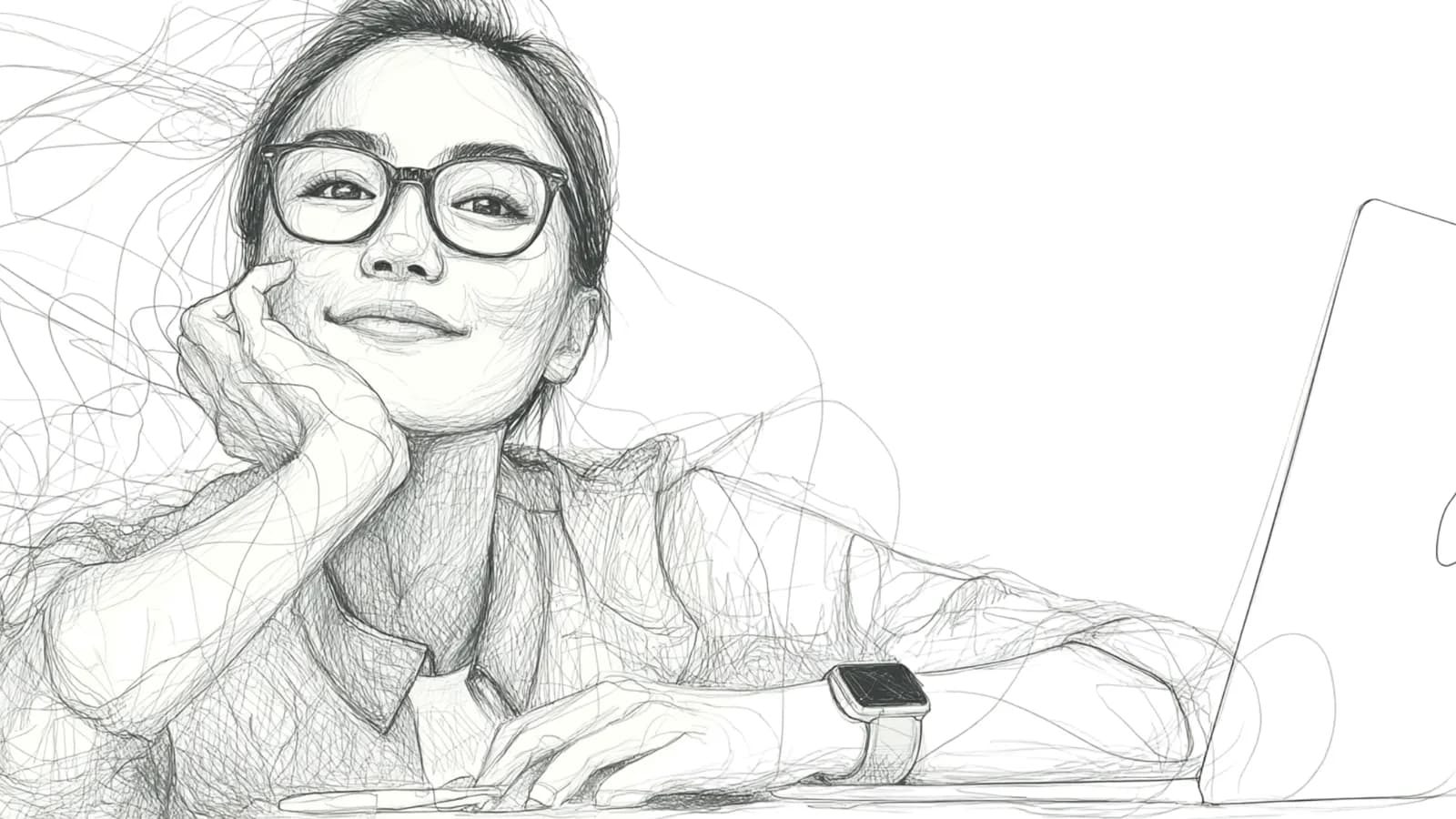 A woman with glasses resting her chin on her hand. She is wearing a smartwatch on her wrist. Her laptop is beside.